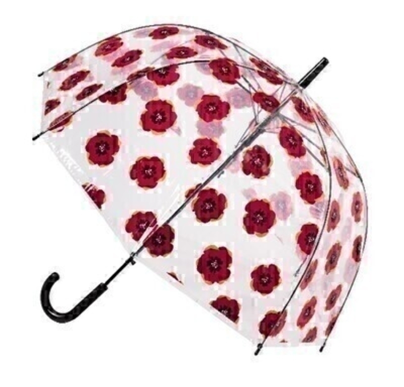 This clear transparent dome Stick Umberella featuring Red Poppies is very eye catching. With virtually unbreakable fibreglass ribs it allows for flexibility in windy conditions. A secure velcro fastening and black handle finish off this stylish design.